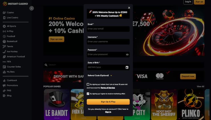 The sign-up screen at Instant Casino, one of the most popular betting apps India has to offer.
